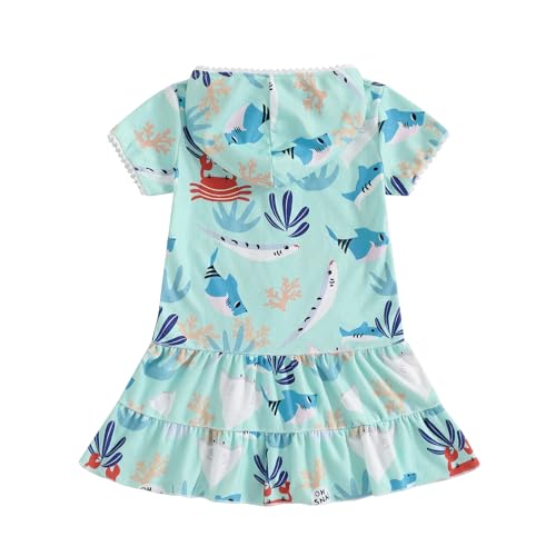 Image of Girls Hooded Terry Coverups Zip Up One Piece Swimsuits Sea Animals Print Short Sleeve Ruffle Swim Cover Up Swimwear (Green, 1-2T)