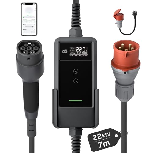 dé Mobile Wallbox/Ladestation 22kW Mit App [3-phasig|7m|6-32A] mit stromzähler Ladekabel CEE 32A auf Typ 2 und EV Ladegerät für Model Y/3 ID.3/4/5 MG4 EX30 e-up e-tron und andere EV/PHEV