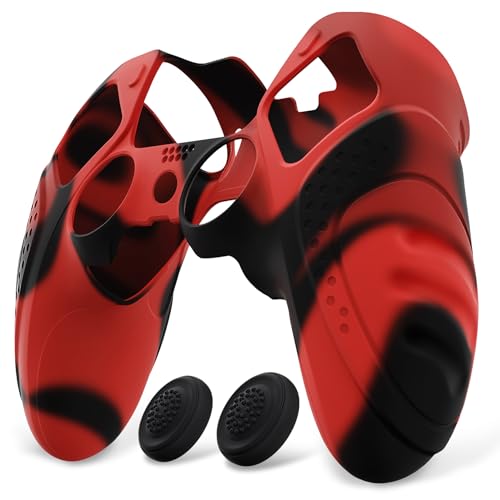 PlayVital ps5 Edgeワイヤレスコントローラー用ソフトラバープロテクタースキン、ps5 edgeコントローラーに対応用人間工学に基づいた滑り止めシリコンカバーケース、サムグリップキャップ付き【ガーディアンエディション-レッド&ブラック】