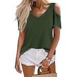 Womens-Short-Sleeve-Cold-Shoulder-Basic-Tee-Tops-Summer-Fashion-Sexy-Deep-V-Neck-Shirts-Casual-Loose-Solid-Blouses