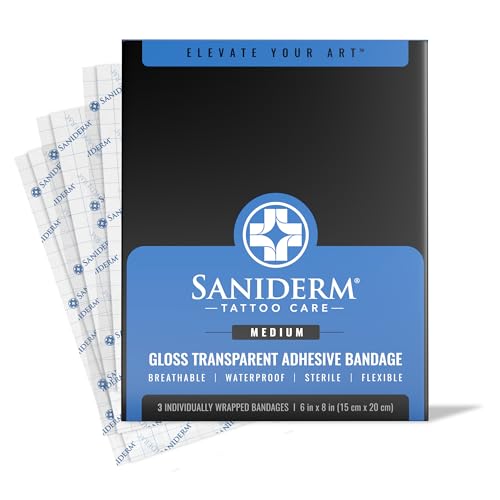 Saniderm Tattoo Aftercare Bandage 3 Sheets (Medium Pack 6 in x 8 in) Convenient Faster Tattoo Healing and Protection Sterile Waterproof and Latex-Free