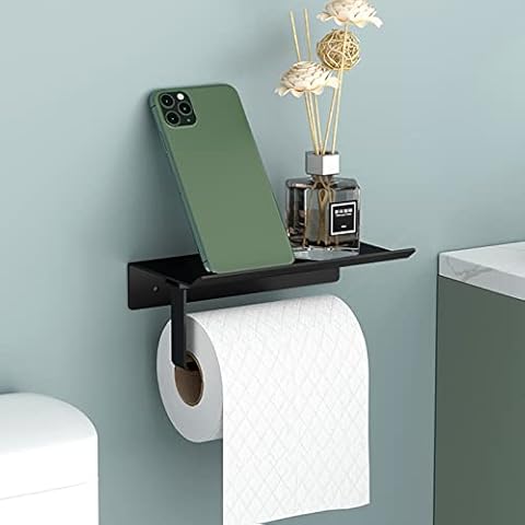 Newaner Toilettenpapierhalter Space Aluminium Wandhalterung Rollenhalter mit geräumigen Ablagen, Toilettenpapierhalter Wandhalterung für Toilette und Küche, Ohne Bohren mit Ablage(Schwarz) Cover