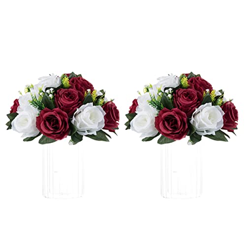 Image of NUPTIO Flower Centerpieces for Tables, Fake Rose Balls, Burgundy & White