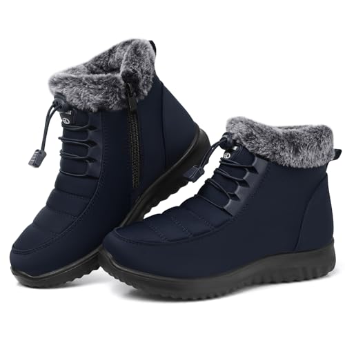 SHIBEVER Winter Boots for Women Snow: Fur Lined Warm Ankle Boots - Cold Weather Water Resistant Outdoor Zipper Snow Shoes Blue Size 8.5