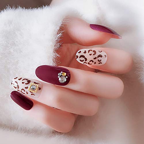 Sethexy Leopard Glossy False Nails Wine Red Oval Long Rhinestone Bling Full Cover Press on 24Pcs Acrylic Art Nail Tips For Women and Girls