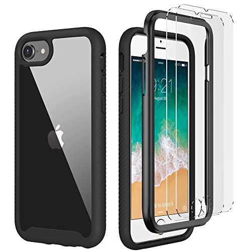 Cellever Clear Full Body Case For Iphone Se 2020 Iphone 7/8, Heavy Duty Protection With Anti-Slip Tpu Bumper And [2 Tempered Glass Screen Protectors] Shockproof Transparent Phone Cover (Black) #TOP6