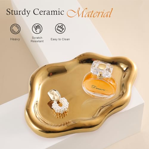 Image of CCINPPY Ceramic Jewelry Tray Trinket Dish, Decorative Cloud Vanity Key Tray for Women, Ring Holder Dish, Cute Jewelry Plate Bowl Room Decor Aesthetic, Gold, Medium