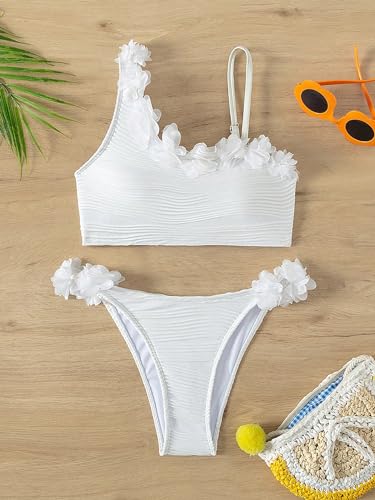 Image of SweatyRocks Girl's Cute 2 Piece Bathing Set Asymmetrical Neck Floral Decor High Cut Bikini Swimsuit White 8Y