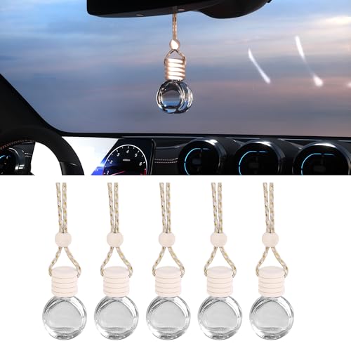 Couslcd 5PCS Hanging Car Air Freshener, Auto Interior Decoration 8 ml Oil Diffuser Perfume Aromatherapy Pendant Empty Glass Bottle, Fragrance Ornament with Vent Clip Wooden Cap and Rope (Oblate)