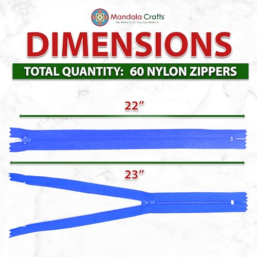 Image of Mandala Crafts 60 PCs Blue Closed-End 22 Inches Nylon Zippers for Sewing