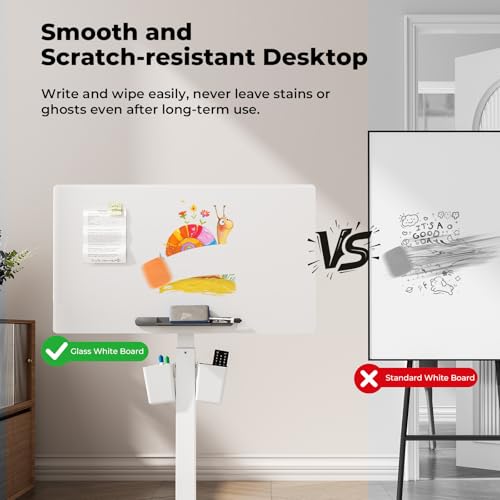 Image of 35 inch Glass Mobile Standing Desk with 90 Tilt, Rolling Whiteboard on Wheels | Height Adjustable Portable Drafting Table with Storage, Small Foldable Laptop Desk for School Home Office, White