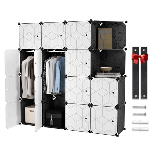Closets Y Armarios, Tools YOMYM Armarios para Ropa, Armario Modular de 14 Cubos, Zapatero Modular, 147x 47x 147cm, Estantería de Plástico con Puertas, para Zapato, Libros, Juguetes,...