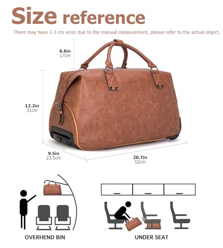 feilario Travel Duffel Bag with Wheels Leather Unisex Weekender Bags Waterproof Toiletry Bag Convenient Carry on Suitcase for Overnight Trip (Brown)2