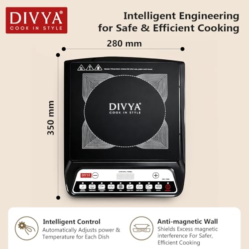 Image of DIVYA 1600 W Induction Cooktop for Home | Indian Cooking Functions | Over Heating Protection | Voltage Control Technology | Energy Efficient Induction Stove | Black