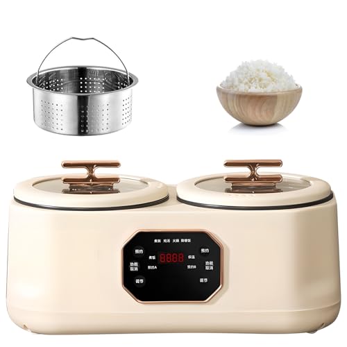 Double Slow Cooker, 3.4L Double Spelling Rice Cooker, with 1 Steamer, 6 Functions, Heat Preservation, 24H Reservation, Non-stick Liner, for Family Use