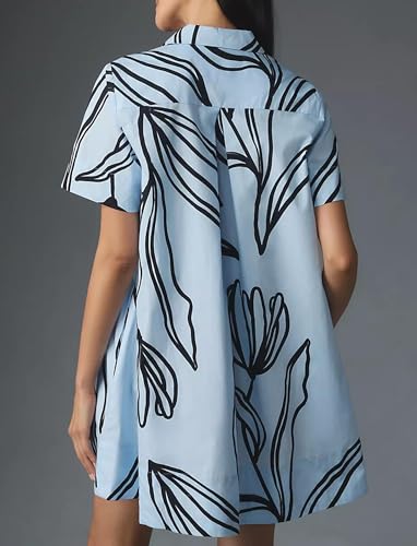 Image of Women's Short Sleeve Swing Tunic Mini Dress Button Up Blouse Shirt Summer Loose Casual Flowy A Line Short Dress