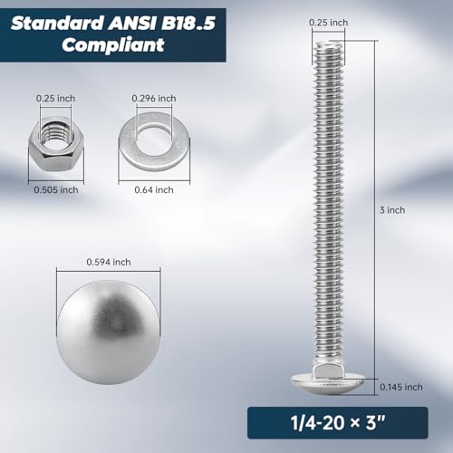Image of 1 /4-20 x 3 Inch Carriage Bolt Kit, 304 Stainless Steel (18-8) with Hex Nuts & Flat Washers - 16 Sets, Round Head Square Neck, Full Thread Coverage by Glvaner