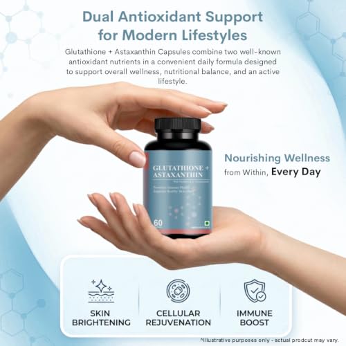 Image of Glutathione + Astaxanthin 60 Veg Capsules | Advanced Antioxidant Formula with Vitamin C, Vitamin E & Niacinamide | Supports Skin Brightening, Radiant Skin, Skin Health & Youthful Skin Support