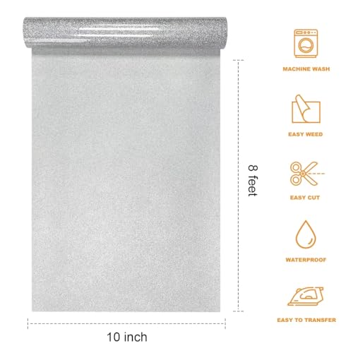 SCZENQI Silver Glitter HTV Heat Transfer Vinyl Rolls- 10\" x 8ft. Glitter HTV Silver for Shirts. Iron on Vinyl and Heat Transfer Vinyl for All Cutters Machines. Easy to Cut & Weed Heat Vinyl Designs
