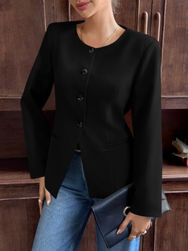 Cicy Bell Womens Business Casual Fitted Blazers Collarless Split Hem Work Office Button Down Suit Jackets3