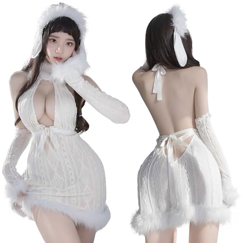 [R-Dream] 童貞を殺すセーター ニット ミニ ワンピース タイト レディース もこもこ 暖かい 秋冬 バニーガール コスプレ 羊耳 胸あき ベビードール クリスマス XJ - 画像1