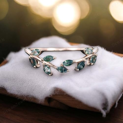 Marquise Cut Moss agate Curved wedding band 14k Rose Gold wedding Jewelry band Nature Inspire Leaf Art Deco Ring Bridal Promise Anniversary ring Valentine Day Gift For Her2
