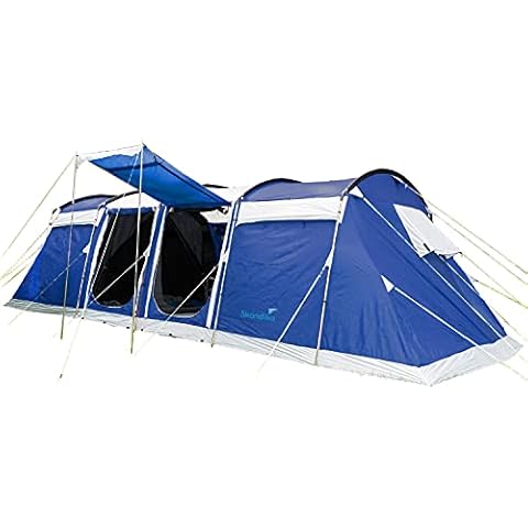 Skandika Montana 8 Person Family Tent Tunnel Tent 2-4 Sleeping Cabins 5,000 mm Hydrostatic Head Mosquito Net Large Windows and Sun Sail, blue Cover