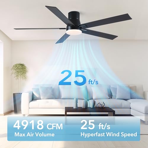 Image of Rayqueen 60 Inch Flush Mount Black Ceiling Fans with Lights and Remote