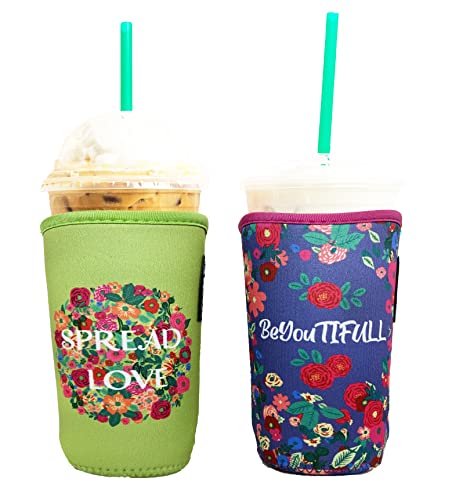 Baxendale and Co Reusable Neoprene Insulator Sleeves for Iced Coffee and Cold Drink Cups (2 PK Medium 22-24oz, Floral Quotes)