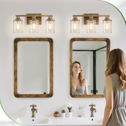 Image of DORESshop 17 Inch Bathroom Light Fixtures, 3-Light Oak Bathroom Lighting Fixtures Over Mirror with Clear Glass Shade, Vanity Lights for Living Room Bedroom