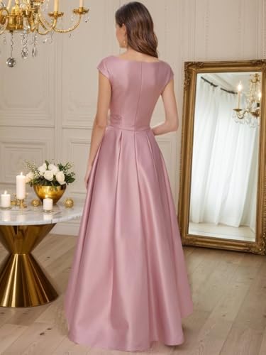 Satin A Line Mother of The Bride Dresses with Pockets Asymmetric Neck Hi-Low Tea Length Flower Formal Evening Gown3