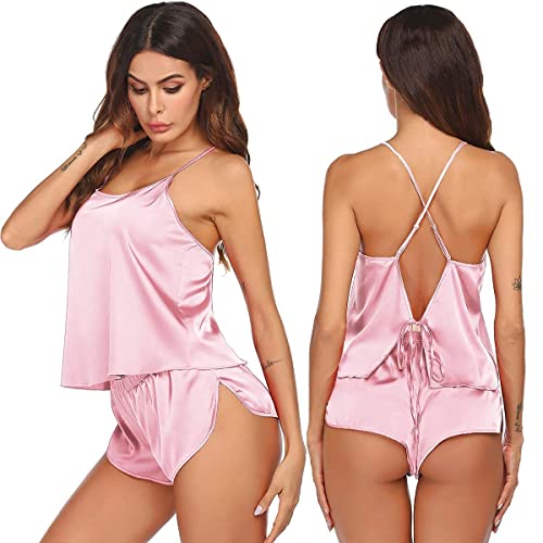 Image of Ekouaer Silk Pajamas Set for Women Satin Backless Lingerie Pjs Cami Top and Shorts Nightwear