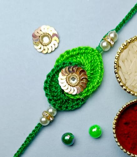 Image of Designer Sequin Crochet Rakhi For Brother Men Boys | Handcrafted With Soft Thread | Sequin Rakhi For Men Brother Boys | Green Colour | Buy 2 Save 20% | Buy 3 Save 30%