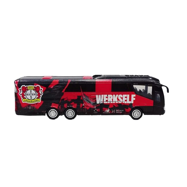 Bayer 04 Leverkusen Mannschaftsbus Modell – Offizieller Werkself Fanartikel Bus mit Rückzugfunktion – Metall Spielzeugbus ca. 25 cm – Bundesliga Fußball Fan Geschenk für Kinder & Sammler