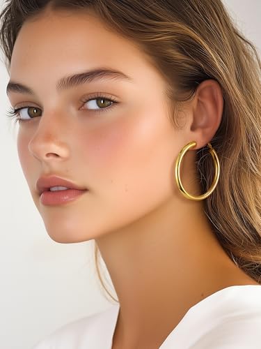 Image of Stainless Steel Chunky Hoop Earrings For Women, Minimalist and Chic, Black /Gold Plated, Round Hoops Earrings Hypoallergenic, Size: 30mm /40mm /60mm /80mm, Come with Box