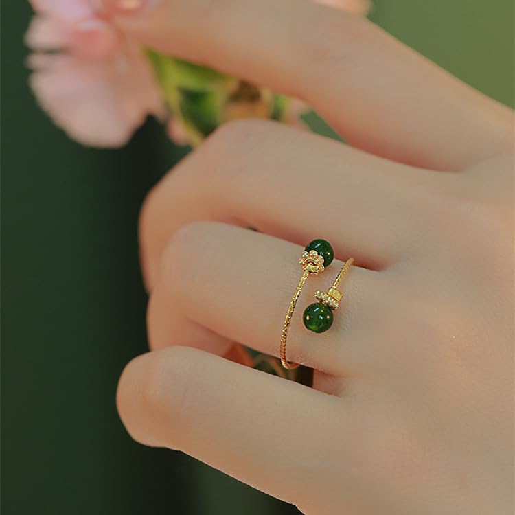 Double Hetian Jade Wrap Open Statement Ring for Women Lucky Green Natural Gemstone Finger Adjustable Gold Plated Thin Band Rings Good Luck Round Dainty Stacking Wedding Valentine Fashion Jewelry Gift2