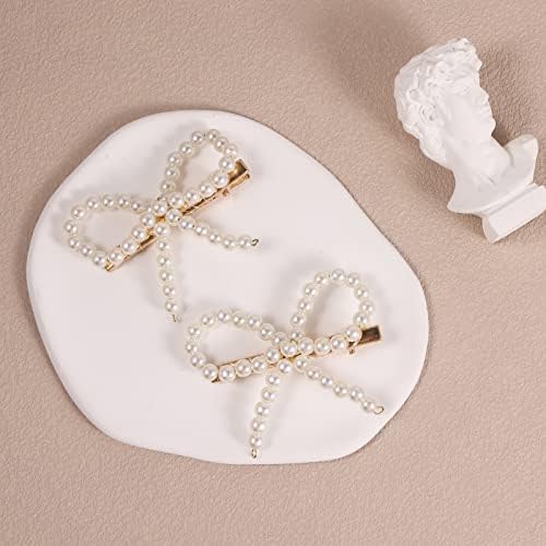 2PCS White Pearl Hair Claw Clips for Women Girls, Non Slip Jaw Hair Clamps, Bowknot Hair Styling Clips, Gift for Mom, Back to School Outfit, Kawaii Hair Accessories