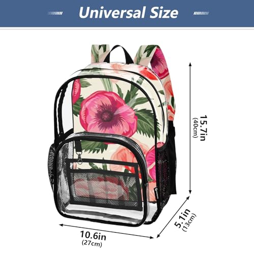 Floral Coral Poppy Flowers Clear Backpack for Women Kids Girls Backpack Boys Approved See through Bag4