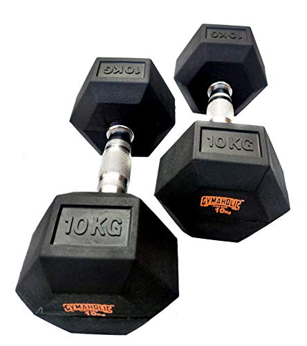 Image of Gymaholic Dumbbell, Hexa Rubber Dumbbell with Metal Handles, Single & Pair, Dumbbells in Weights 10 KG Pair