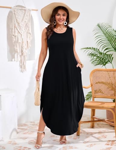Image of JollieLovin Women Plus Size Summer Tank Maxi Dresses Sleeveless Causal V Neck Beach Long Dresses Swim Cover up (L-5X)