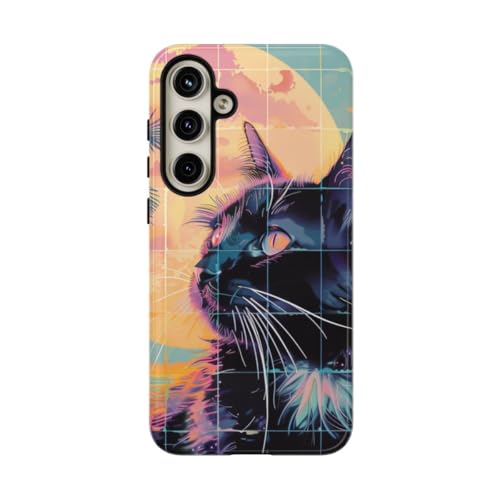 Coque Lofi Vaporwave Cat Samsung S24 Plus style coucher de soleil