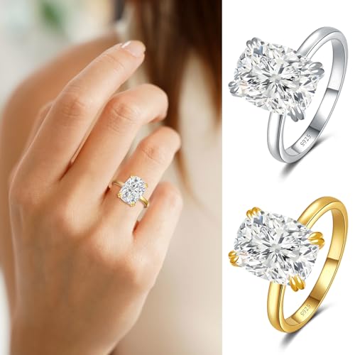5CT Elongated Cushion Cut Engagement Ring for Women, S925 Sterling Silver Wedding Promise Cubic Zirconia Band, 14K Gold/White Gold Plated Anniversary Birthday Gifts for Her, Size 5-103