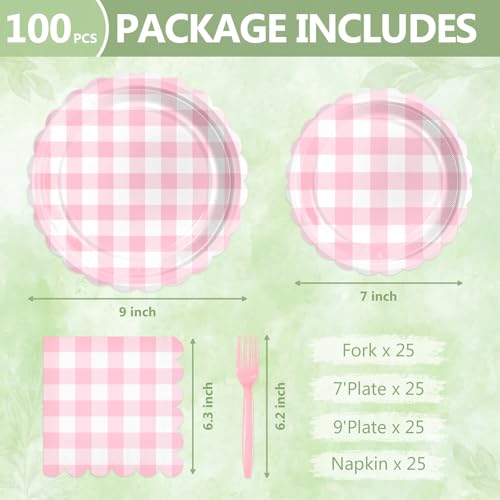 Image of 100 Pink Gingham Paper Plates&Napkins Disposable for Party, 25-9 inch&25-7 inch