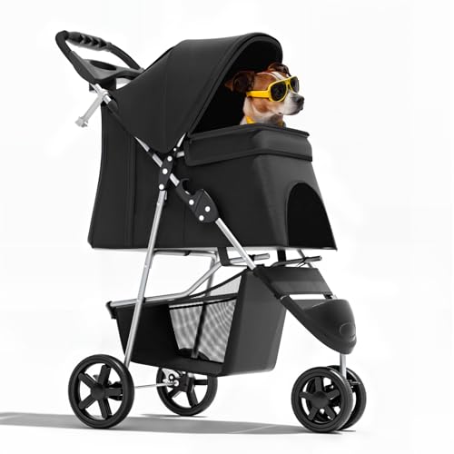 Magshion 3-Wheel Pet Stroller, Foldable Travel Jogger for Small & Medium Dogs & Cats (Up to 33lbs), Lightweight Carrier with Breathable Mesh Cover, Cup Holder & Storage Basket, Black