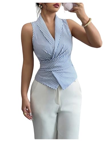 SOLY HUX Women's Sleeveless Striped Shirt Collared V Neck Bow Tie Business Blouses Tank Top