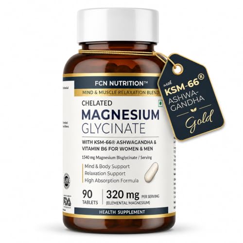 Image of FCN - Magnesium Glycinate Chelated 320mg Per Serving (160mg Per Tablet) with Patented KSM-66 Ashwagandha & Vitamin B6 for Women & Men | Sleep, Stress & Muscle Recovery Support | Vegan | 90 Tablets