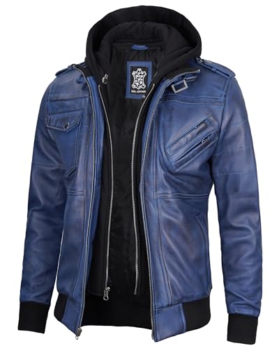 Image of Decrum Mens Leather Jacket - Detachable Hood Stylish Real Lambskin Leather Bomber Jacket Men
