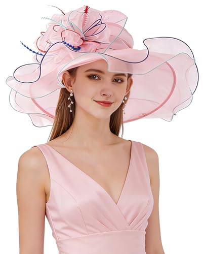 Z&X Women's Organza Sun Hat Big Flower Veil Fascinator Hairpin Wide Brim Bridal Church Wedding Tea Party Hat Pink