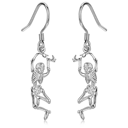 Skeleton Earrings S925 Sterling Silver Skull Earrings Halloween Party Dance Skeleton Dangle Earrings Anime Hip Hop Scary Halloween Jewellery for Women