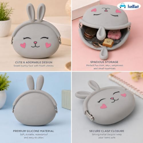 Image of FunBlast Cute Bunny Shape Silicone Coin Purse for Kids & Adults - Mini Pouch for Coins, Earphones, Keys & Small Essentials, Aesthetic Pouches for Girls & Women - 12 X 9.5 X 3 Cm (Bunny-Grey)
